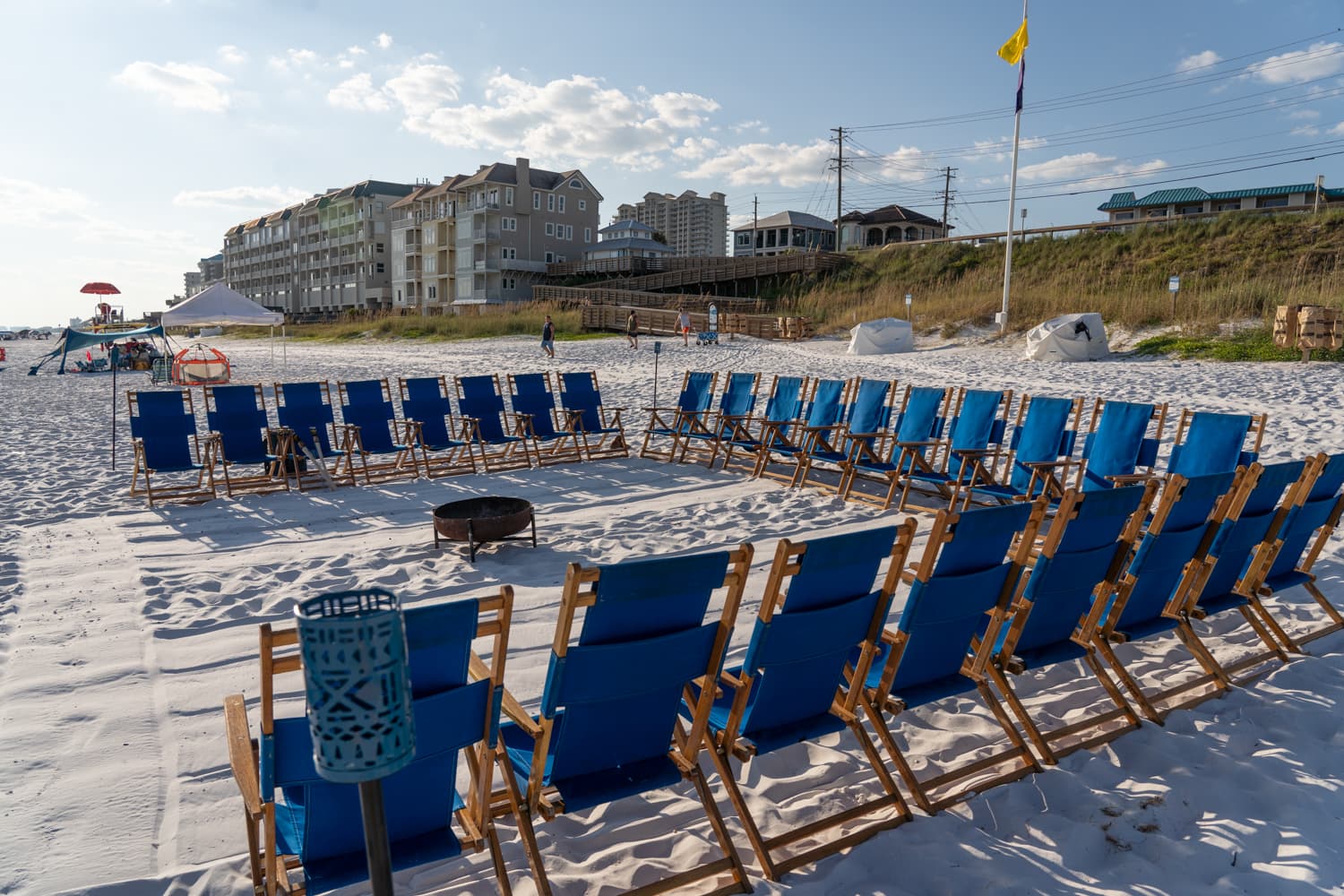 Beach bonfire chairs setup with fire pit on 30A
